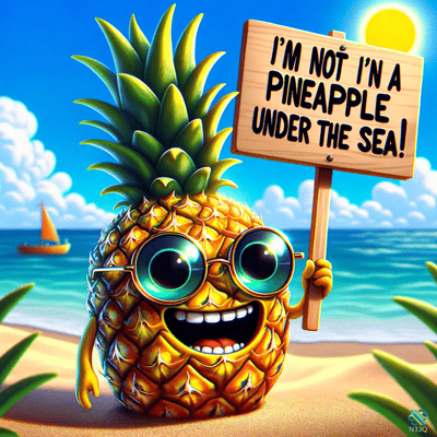 Anthropomorphic Pineapple Holding Sign on Beach