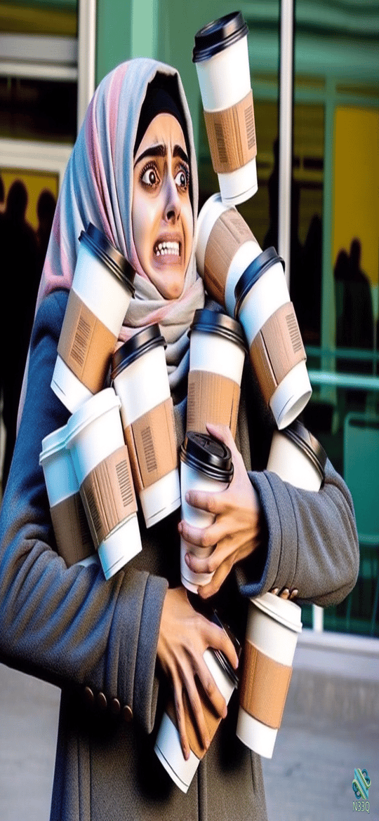 Woman in Hijab Overwhelmed by Coffee Cups