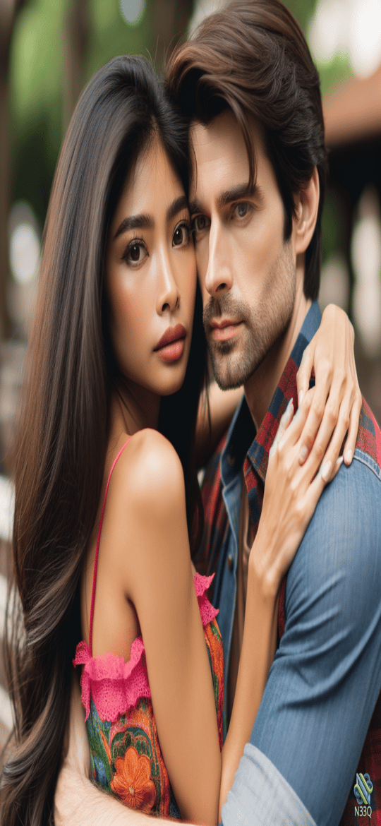Asian Woman Embracing Man in Plaid Shirt