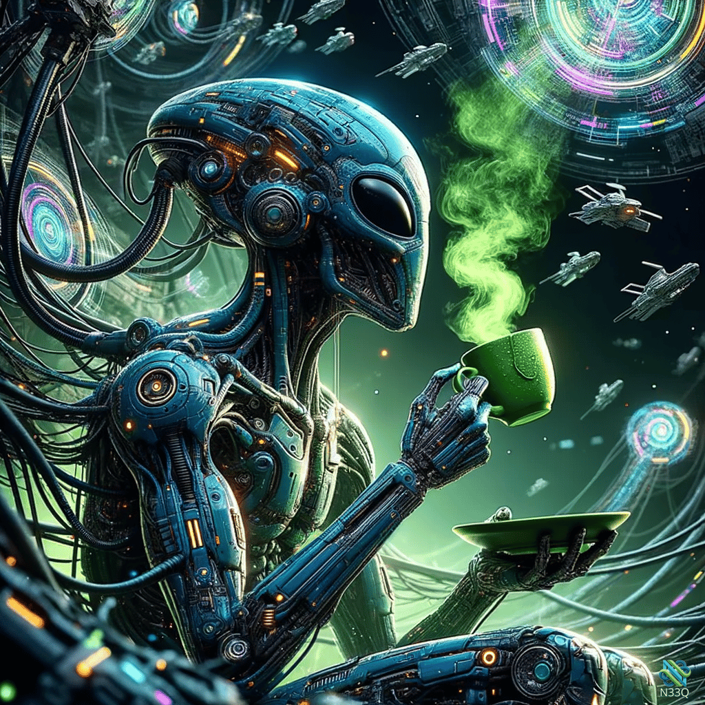Blue Cyborg Alien Sipping Green Tea in Space