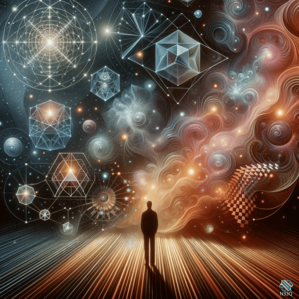 Silhouetted Figure Before Cosmic Geometric Forms