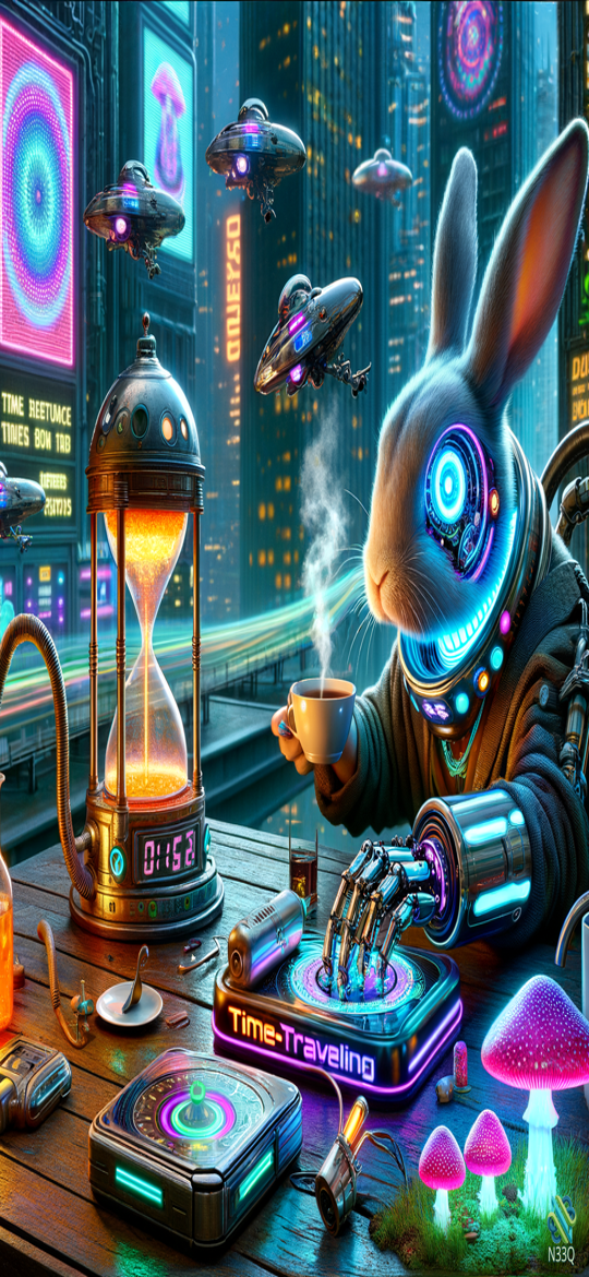 Cyborg Rabbit Drinking Coffee with Time Devices