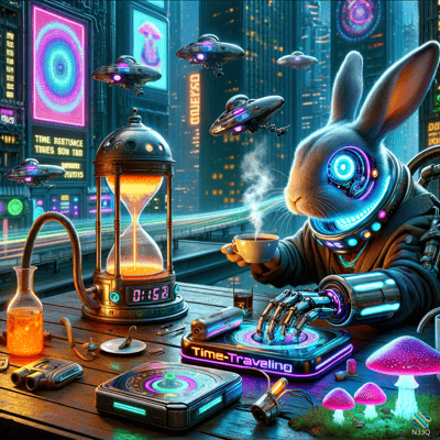 Cyborg Rabbit Drinking Coffee with Time Devices