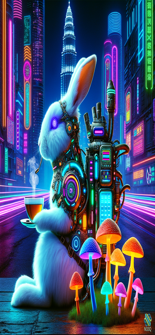 Cyborg Rabbit Sipping Tea in Neon City