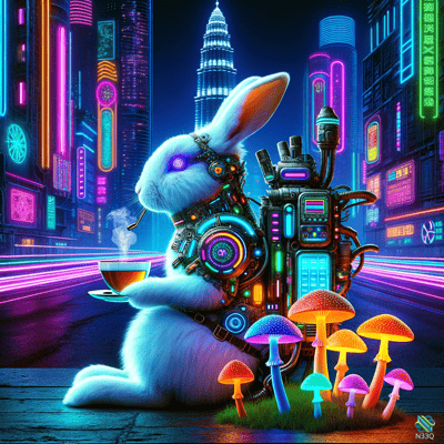 Cyborg Rabbit Sipping Tea in Neon City