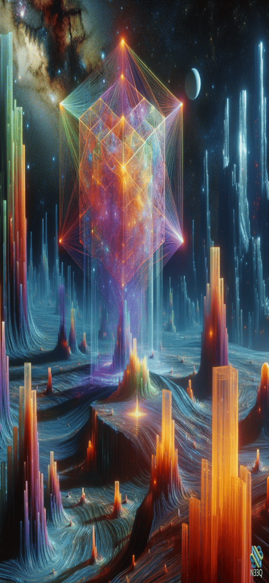 Neon Wireframe Cube Over Crystal Spires