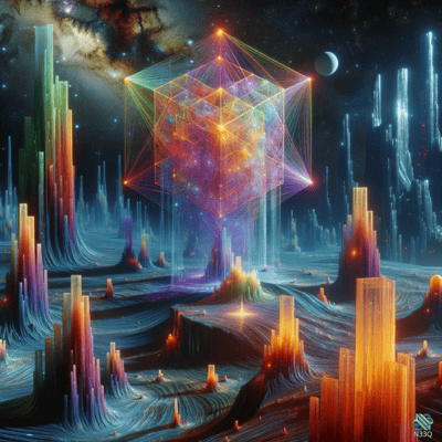 Neon Wireframe Cube Over Crystal Spires