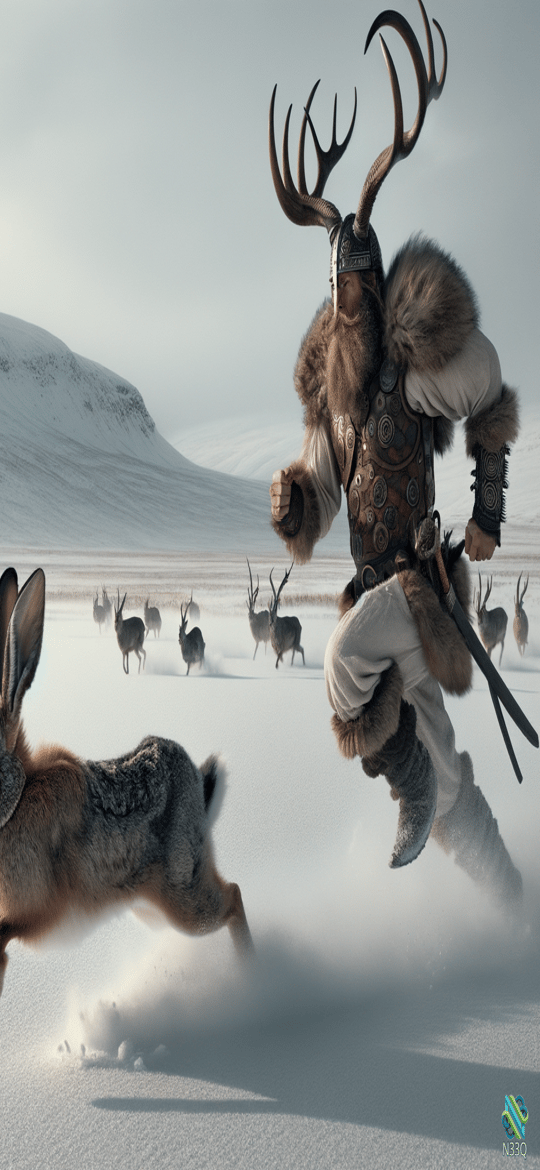 Antlered Viking Chasing Hare in Snow