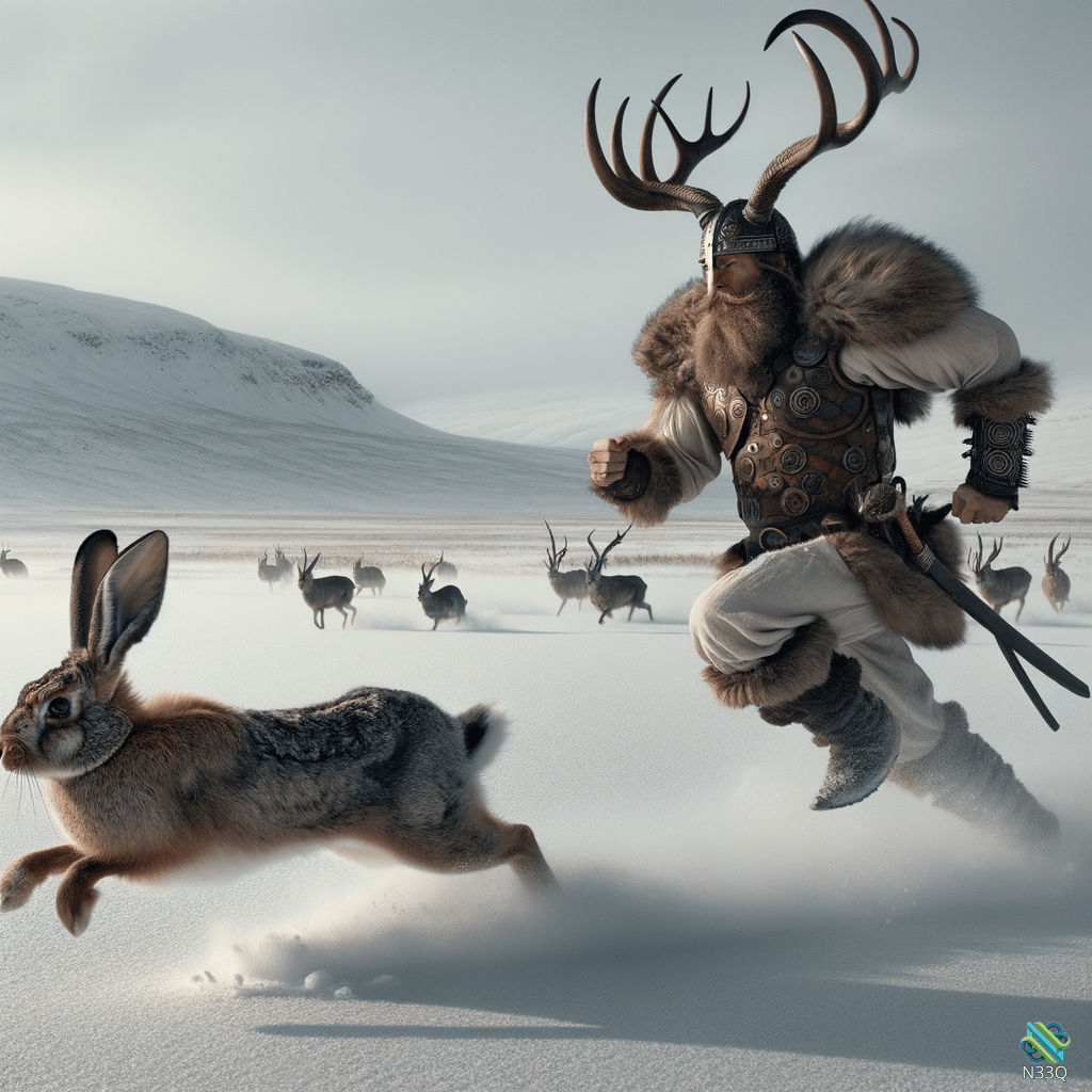 Antlered Viking Chasing Hare in Snow