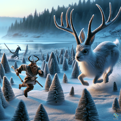Viking Chasing Giant Antlered Rabbit in Snow