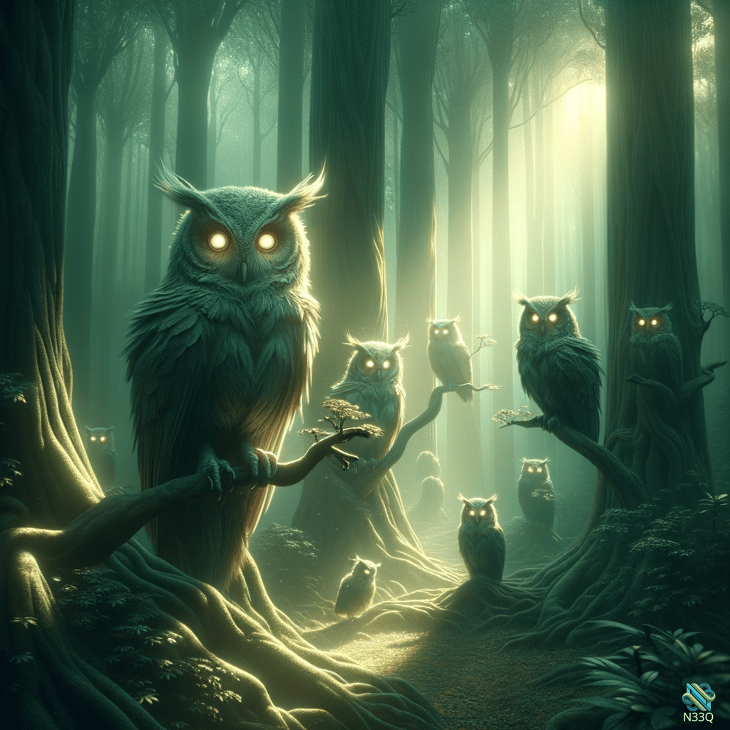 Glowing-Eyed Owls in Misty Forest