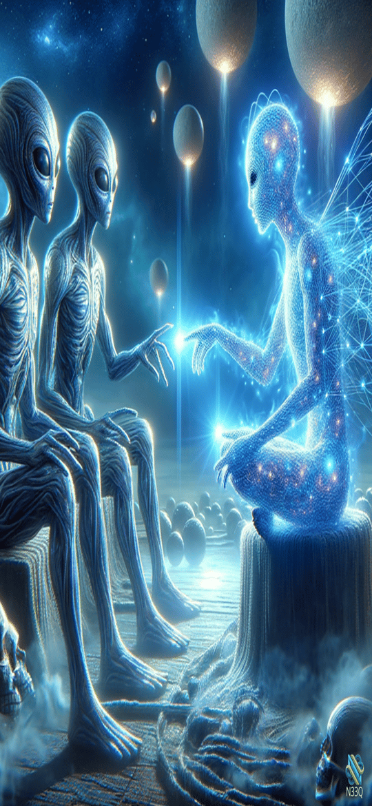 Aliens Encountering Glowing Blue Fairy in Cosmos