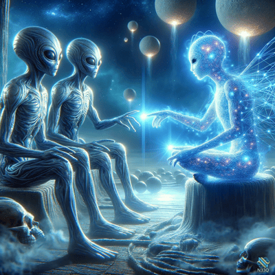 Aliens Encountering Glowing Blue Fairy in Cosmos