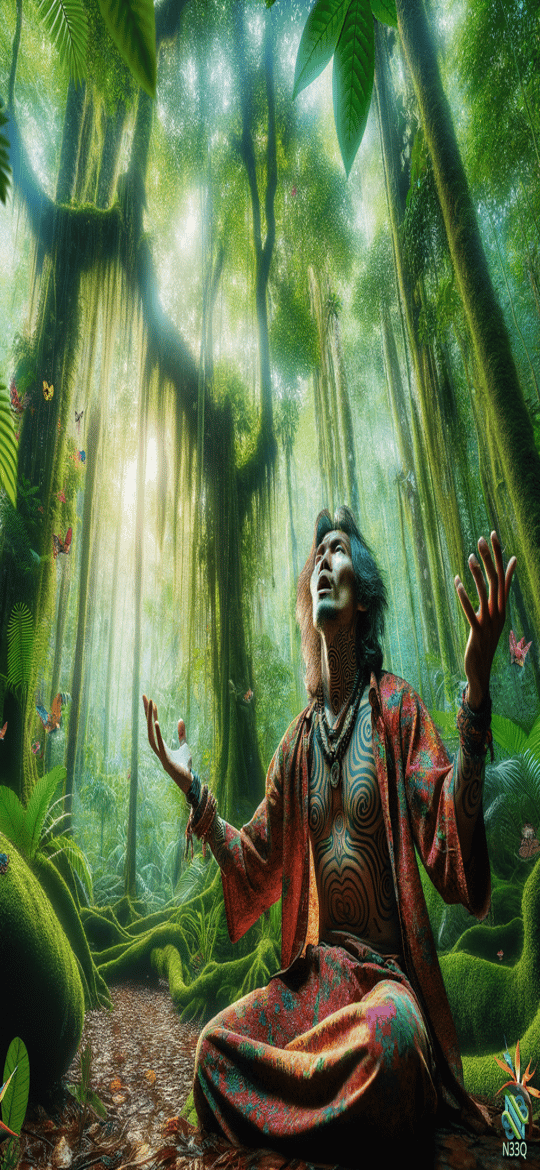 Shaman Meditating in Sunlit Jungle Clearing