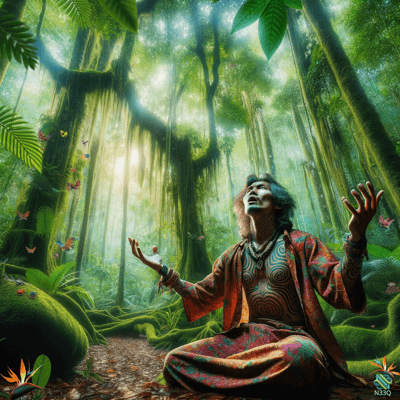 Shaman Meditating in Sunlit Jungle Clearing