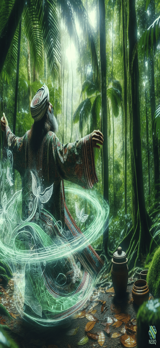 Elderly Mystic Summoning Green Energy in Jungle