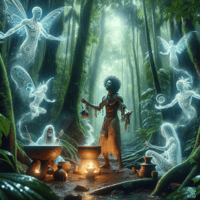 Shaman Ritual with Glowing Fairies in Jungle