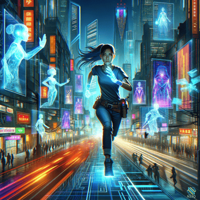 Woman Running in Neon Cyberpunk City