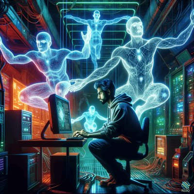 Hacker Surrounded by Holographic Wireframe Figures
