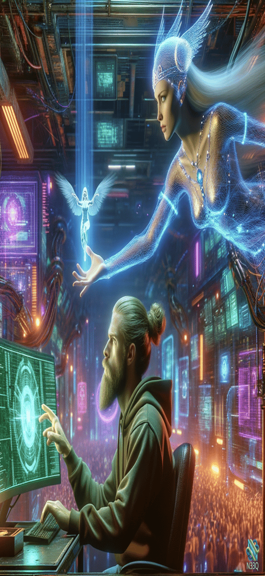 Bearded Man Meets Blue Holographic Winged Angel