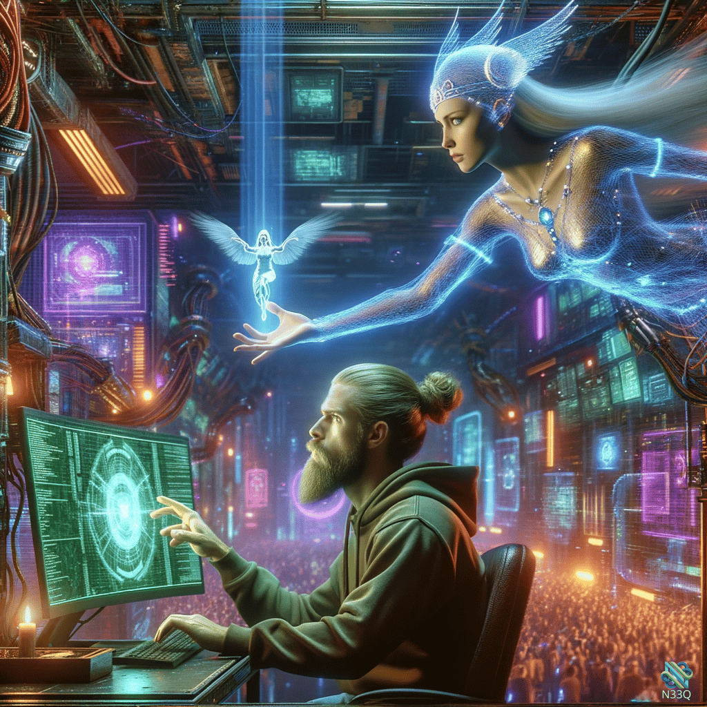 Bearded Man Meets Blue Holographic Winged Angel