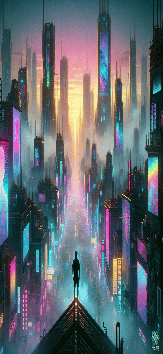 Silhouette Overlooking Neon Cyberpunk City at Sunset