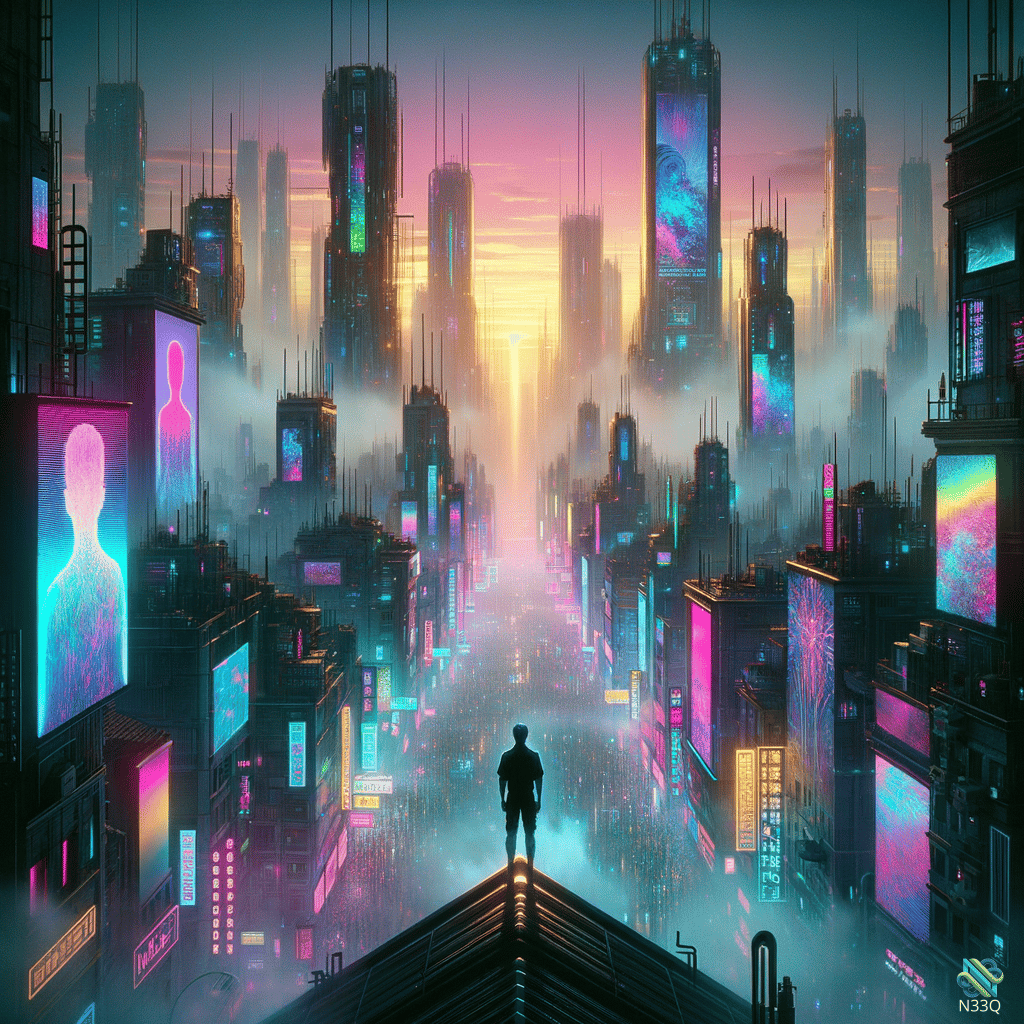 Silhouette Overlooking Neon Cyberpunk City at Sunset