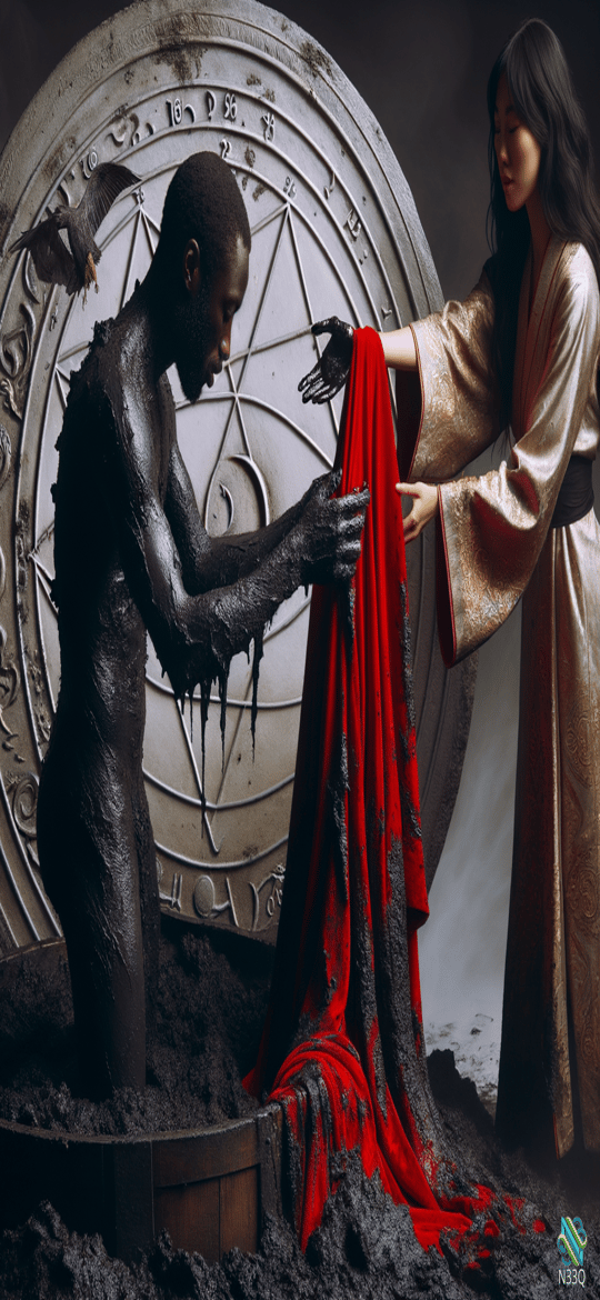 Mud-Covered Man Exchanging Red Cloth with Woman