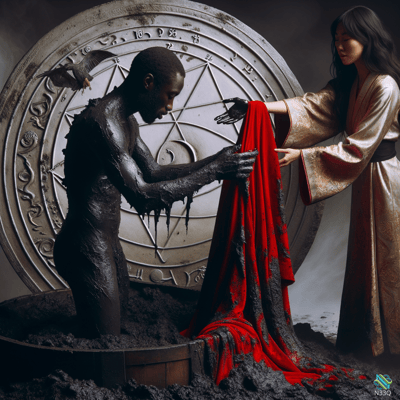 Mud-Covered Man Exchanging Red Cloth with Woman