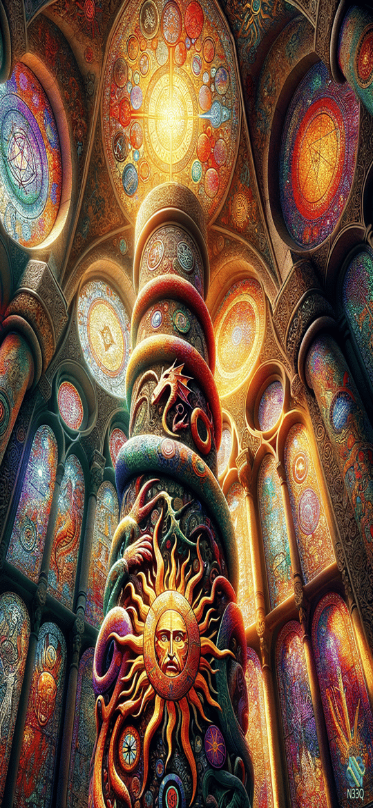 Serpent Pillar in Stained Glass Cathedral