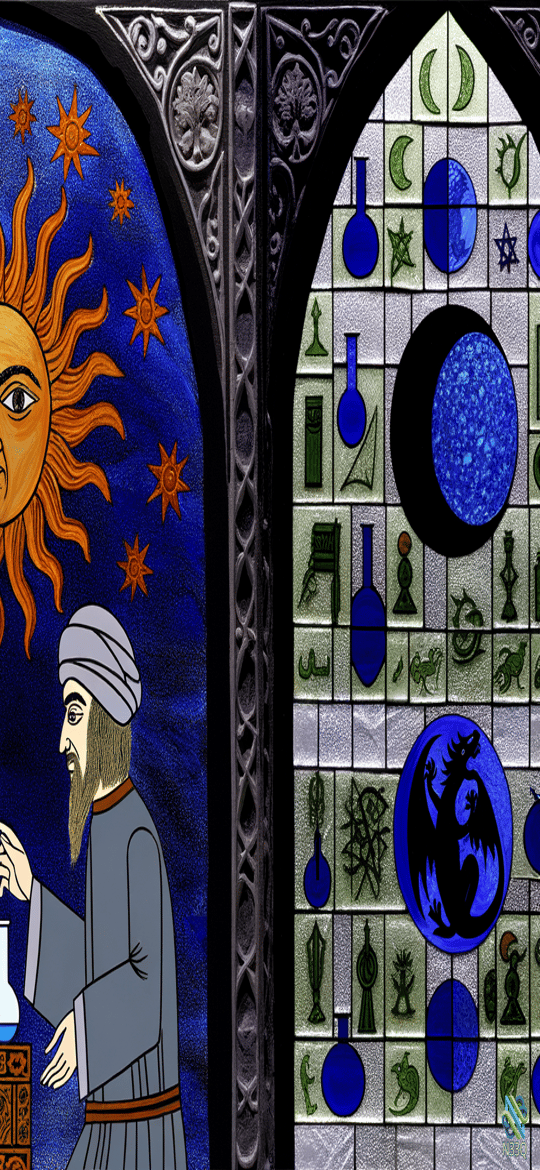 Alchemist Observing Sun in Stained Glass