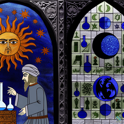 Alchemist Observing Sun in Stained Glass