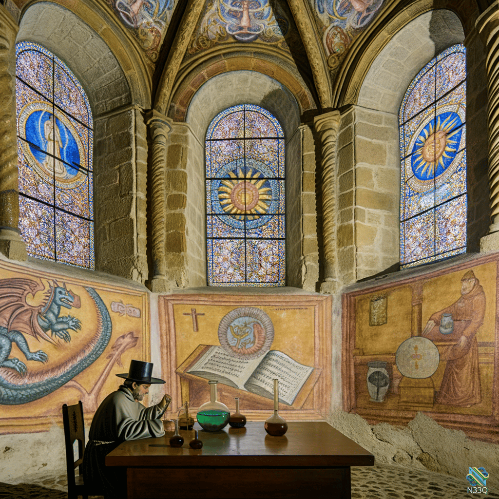 Scholar in Medieval Chapel with Stained Glass
