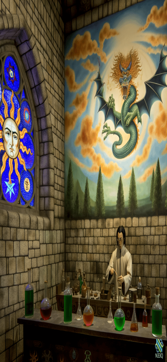 Alchemist with Potions and Dragon Mural