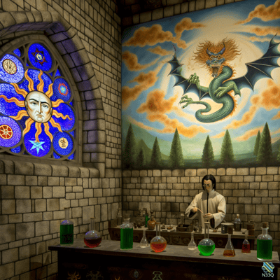 Alchemist with Potions and Dragon Mural