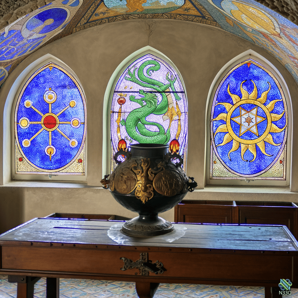 Ornate Vase Before Dragon Stained Glass