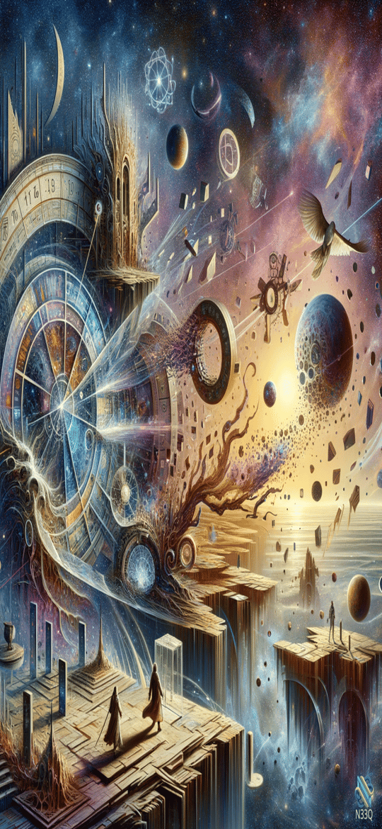 Clockwork Cosmos with Floating Figures