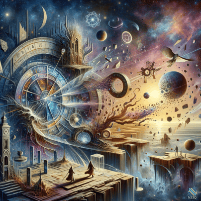 Clockwork Cosmos with Floating Figures