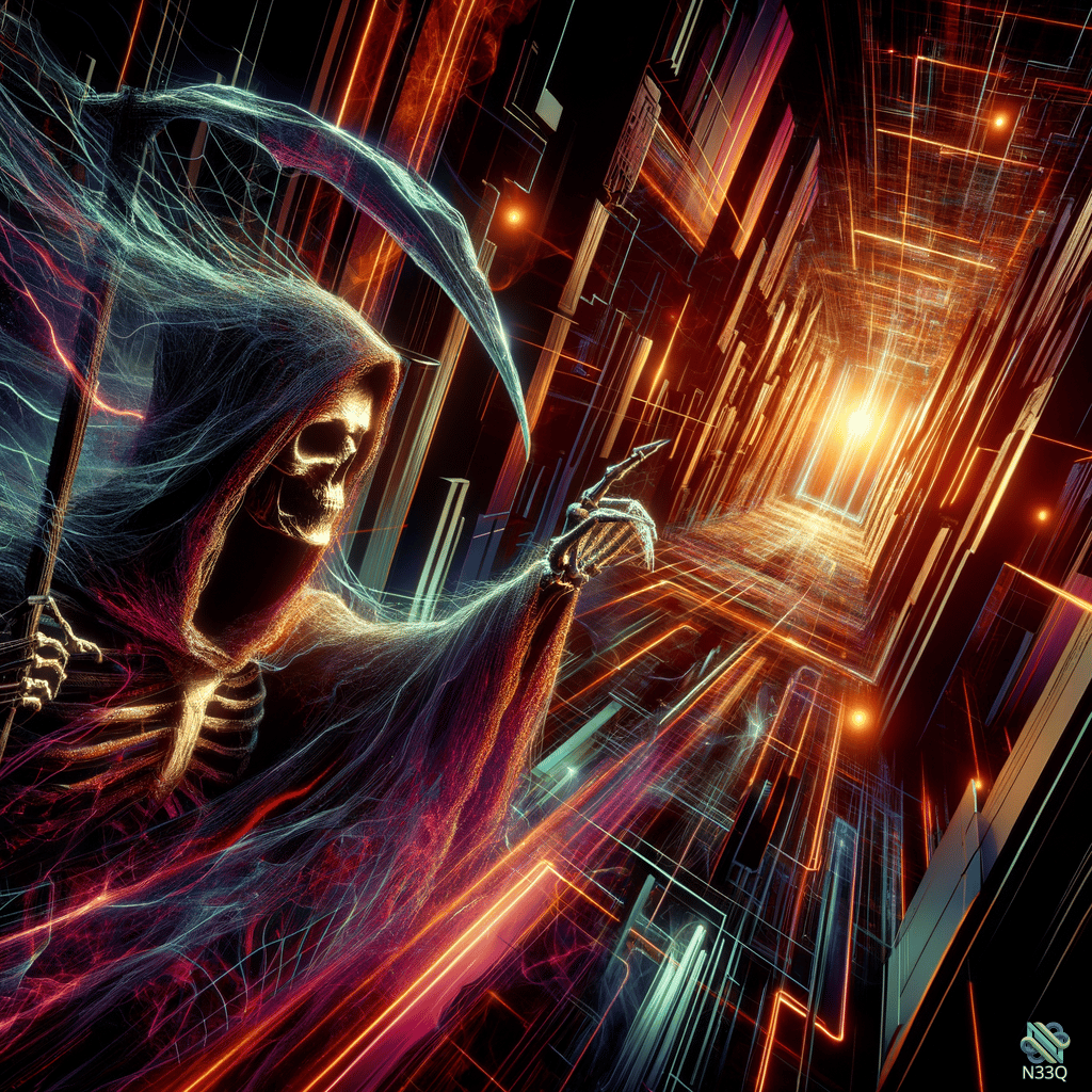 Grim Reaper in Neon Digital Corridor