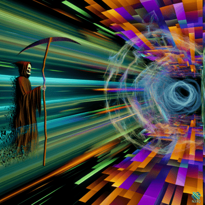 Grim Reaper Facing Swirling Neon Vortex