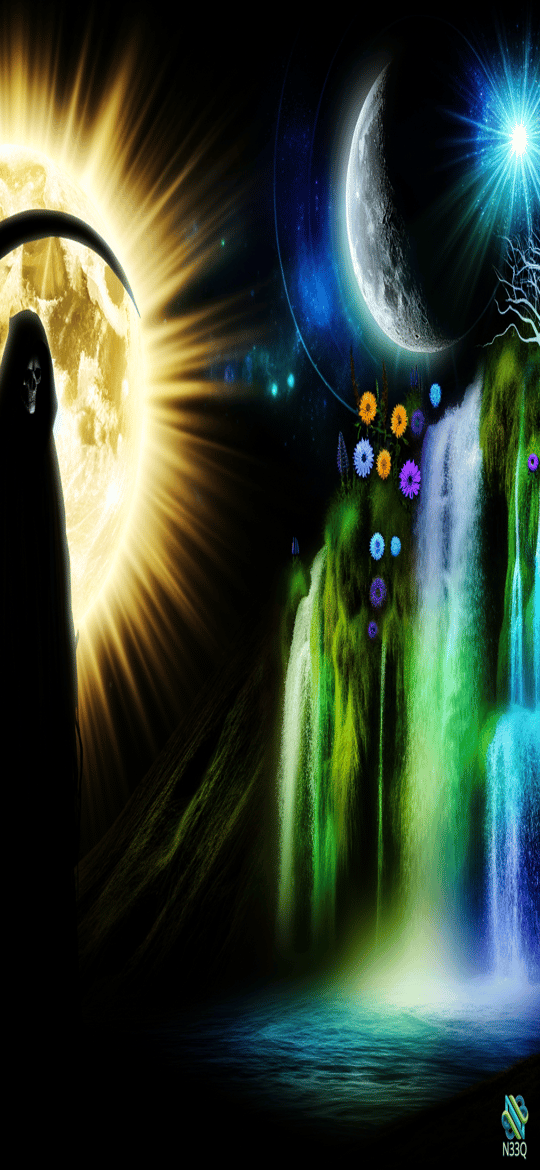 Grim Reaper at Sunlit Waterfall Under Moon