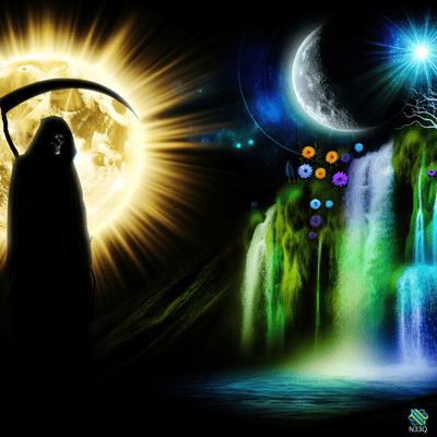 Grim Reaper at Sunlit Waterfall Under Moon