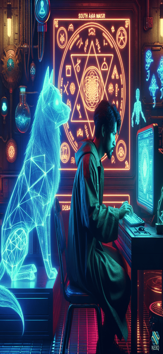 Man at Desk with Blue Holographic Wolf