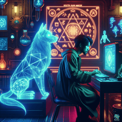 Man at Desk with Blue Holographic Wolf
