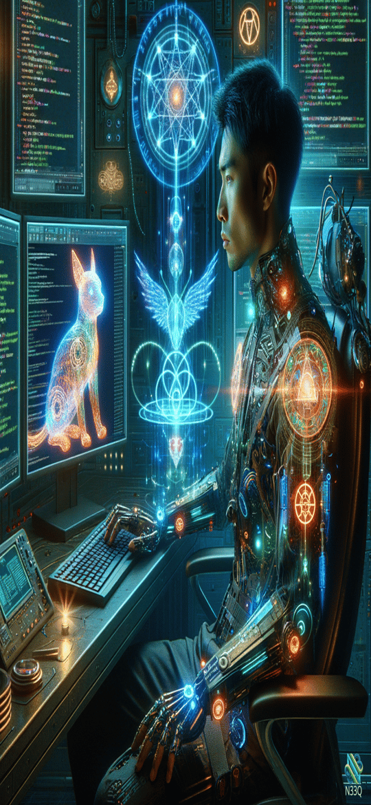 Cyborg Programmer with Holographic Sigils and Digital Cat