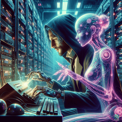 Hooded Hacker with Cybernetic Arms and Neon Woman