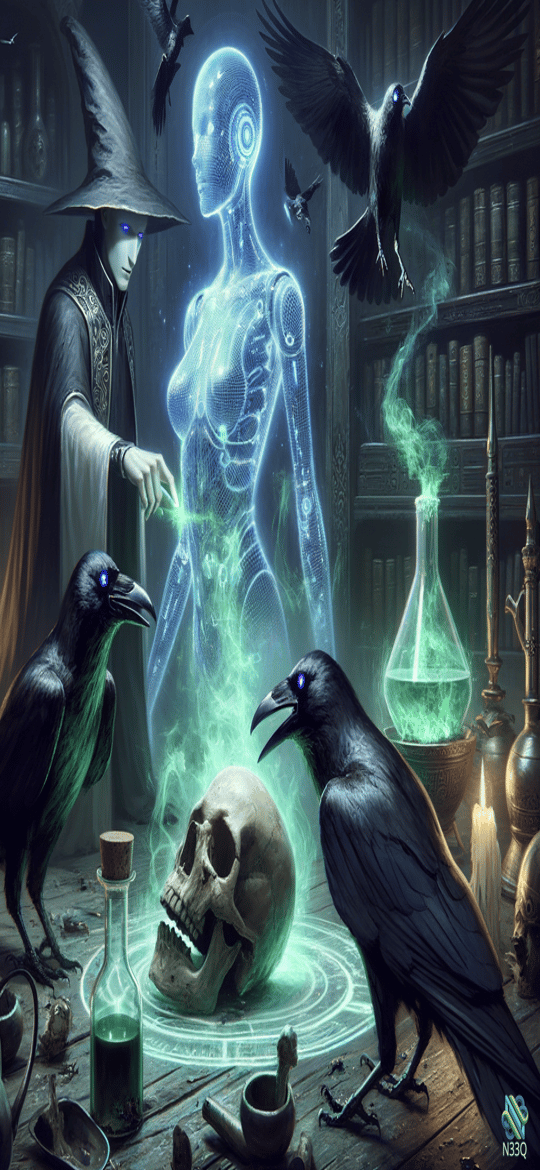 Wizard Conjuring Holographic Android Among Ravens