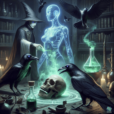 Wizard Conjuring Holographic Android Among Ravens