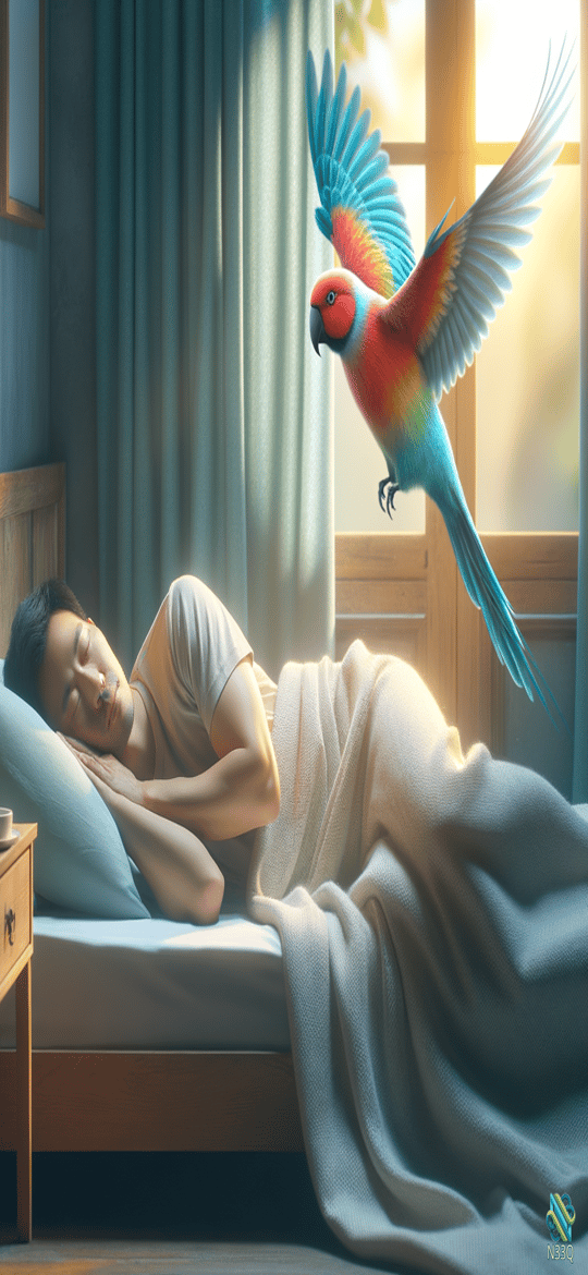 Sleeping Man and Colorful Flying Parrot