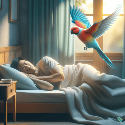 Sleeping Man and Colorful Flying Parrot